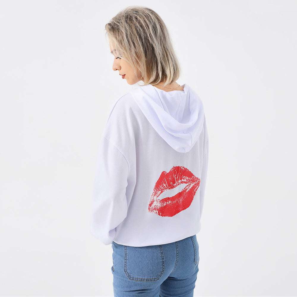 Casual Red Lip Hoodie, Long Sleeve Polyester Hoodie, Stylish Loose Hoodie - available at Sparq Mart