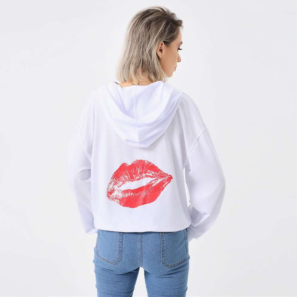 Casual Red Lip Hoodie, Long Sleeve Polyester Hoodie, Stylish Loose Hoodie - available at Sparq Mart