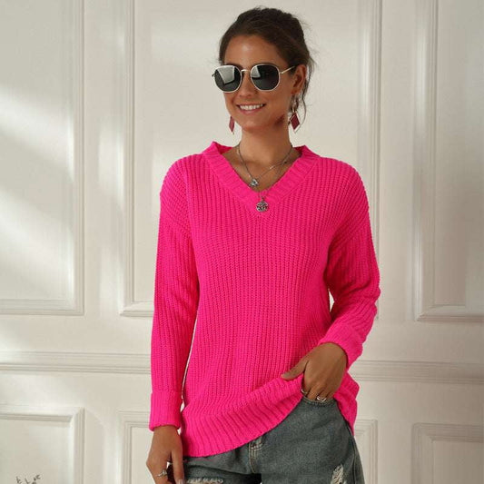 Bright Color Sweaters, Fluorescent V-neck Sweater, Trendy Ladies Sweater - available at Sparq Mart