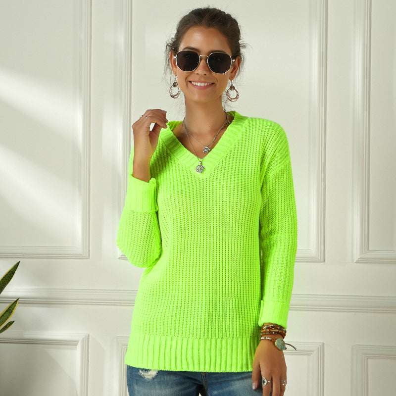 Bright Color Sweaters, Fluorescent V-neck Sweater, Trendy Ladies Sweater - available at Sparq Mart