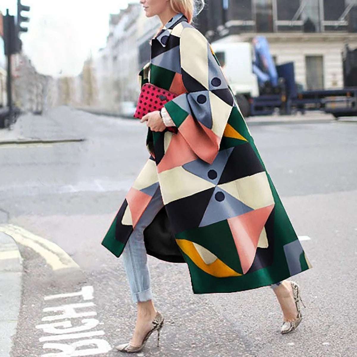 Colorful Long Coat, Geometric Print Windbreaker, Women's Loose Coat - available at Sparq Mart