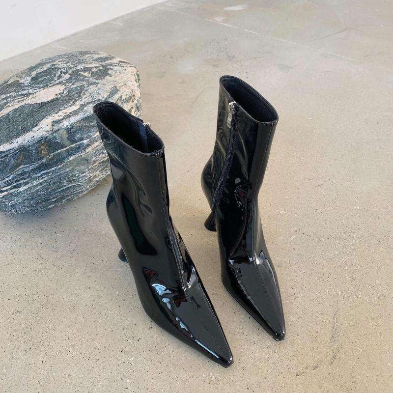 blackjack heel boots, patent leather booties, pointed toe heels - available at Sparq Mart