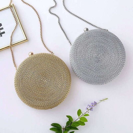 Fashion Round Purse, Metallic Shoulder Bag, PU Woven Bag - available at Sparq Mart