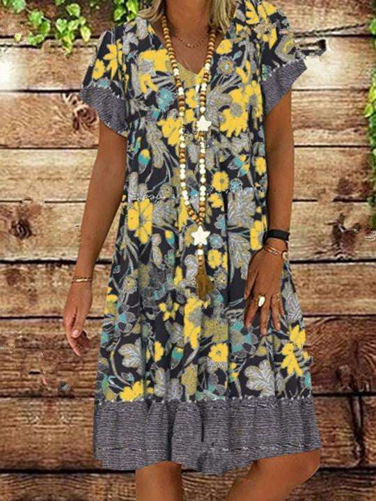 plus size floral, short-sleeved midi dress, V-neck floral midi - available at Sparq Mart